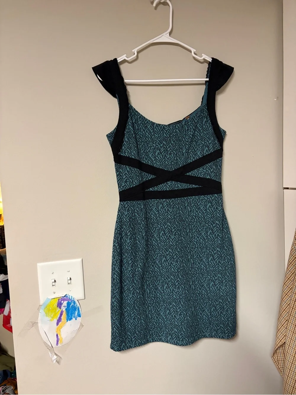 Teal Patterned Fit-and-Flare Dress with Black Accent